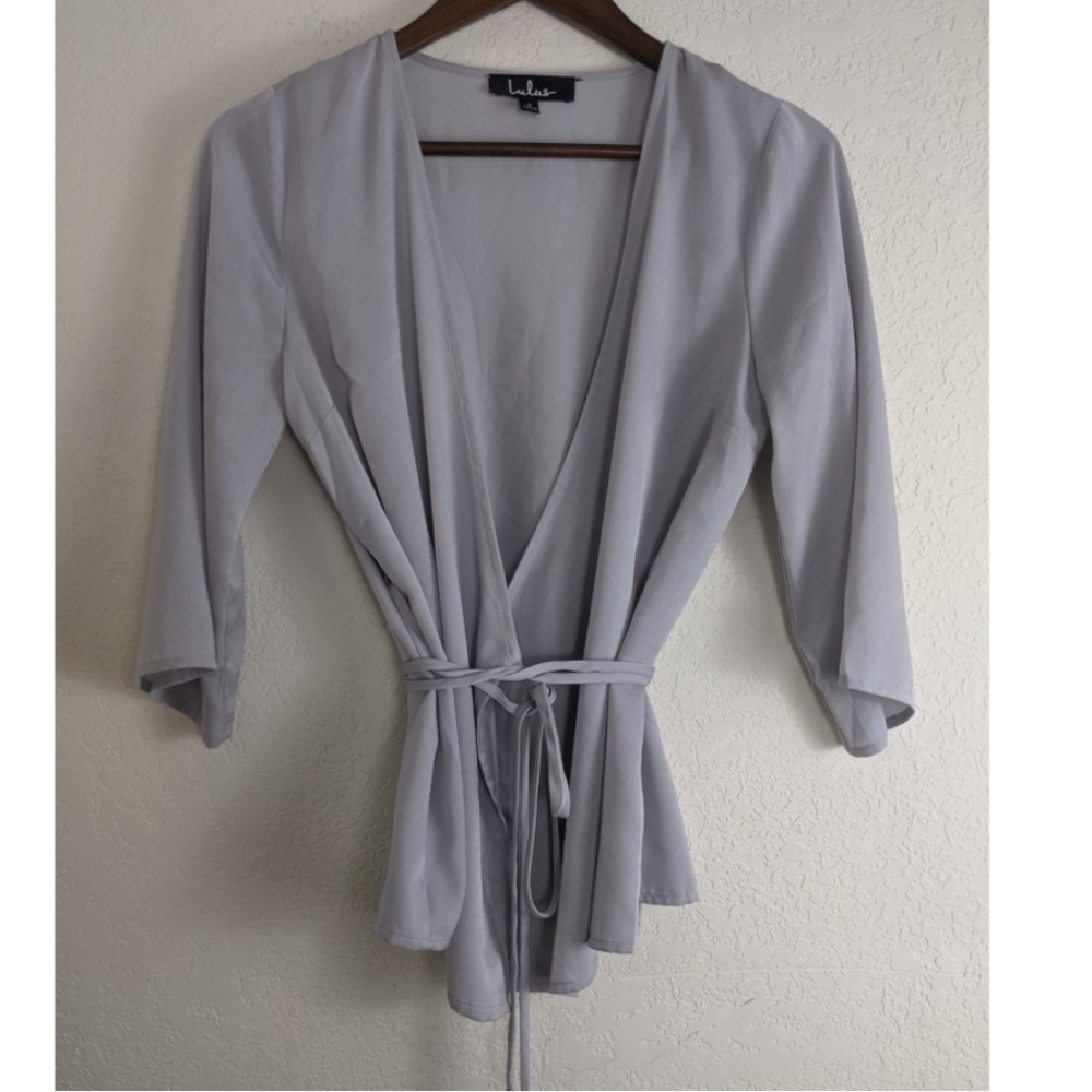 Lulu's Silver Gray Wrap Top Blouse